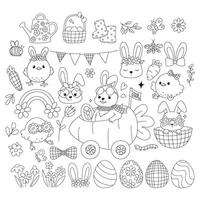 Retro Eater Bunny , Easter Eggs, Spring Elements Coloring Page Line art Doodle Hand Drawn design vector