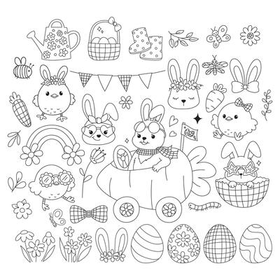 Retro Eater Bunny , Easter Eggs, Spring Elements Coloring Page Line art Doodle Hand Drawn design