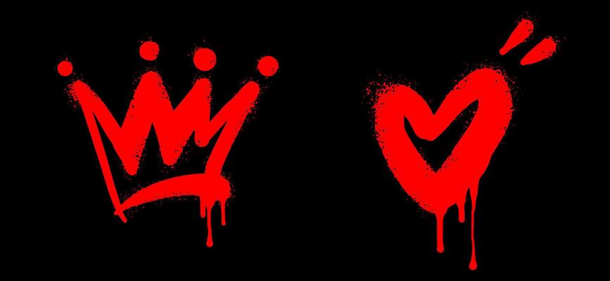 Spray painted graffiti crown and heart sign. Crown and heart drip symbol. isolated on black background.