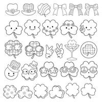 Retro Shamrock, Hats, Four-leaf Clovers Coloring Page Groovy St Patrick s Day Line art Doodle Hand Drawn design vector
