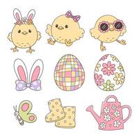 Easter Day Design with Disco Chick Trendy and Spring Elements Hand Drawn Design vector