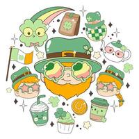 St. Patrick's Day with t-shirt Design with Groovy Leprechaun Head, Four-Leaf Clovers and Lucky Elements Hand Drawn Design vector