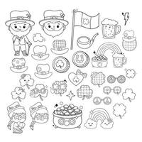St. Patrick's Day with Retro Leprechaun, Glasses of Beer, Pot with Gold, Hourseshoes and Coin Coloring Page Groovy St Patrick s Day Line art Doodle Hand Drawn design vector