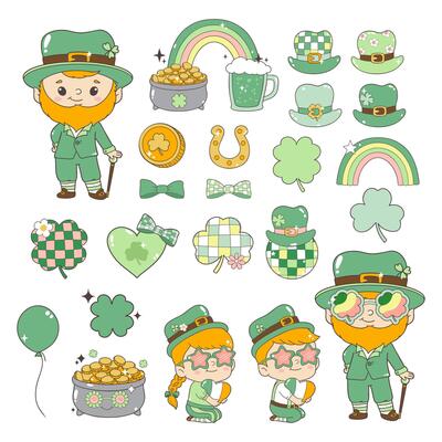 St. Patrick's Day Celebration with Groovy Leprechaun, glasses of beer, pots with gold, horseshoes and coins, elements Hand Drawn design