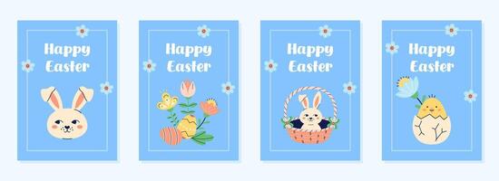 Happy Easter 4 cute cards collection. Design with text on blue background. Happy Easter hand drawn card. Flat illustration with partial outline. illustration. vector