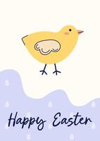 Happy Easter simple card with chicken. Design with text on beige and purple background. Happy Easter hand drawn card. Flat illustration with partial outline. illustration. vector