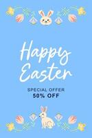 Happy Easter vertical banner with bunny and flowers on blue background. Design with text for discount. Happy Easter hand drawn card. Flat illustration with partial outline. illustration. vector