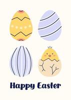 Happy Easter simple card with Set of 4 Easter Eggs. Design with text on beige background. Happy Easter hand drawn card. Flat illustration with partial outline. illustration. vector
