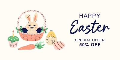 Happy Easter horizontal banner with hare in basket on beige background. Design with text for discount. Happy Easter hand drawn card. Flat illustration with partial outline. illustration. vector