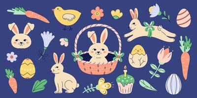 Happy Easter illustrations set With Bunnies, chickens and eggs. Happy Easter hand drawn card. Flat illustration with partial outline. Isolated illustration on dark background. vector