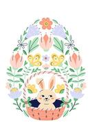 Happy Easter Egg Shape Pattern With Bunny And Flowers. Greeting hand drawn card. Flat illustration with partial outline. illustratio. vector