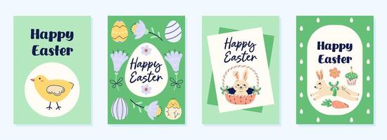 Happy Easter 4 cute cards collection. Design with text on green background. Happy Easter hand drawn card. Flat illustration with partial outline. illustration. vector