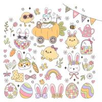 Retro Eater Bunny with Easter Eggs, Chick and Spring Elements Doodle Hand Drawn design vector