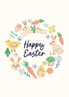 Happy Easter simple card with Bunnies, chickens and eggs. Happy Easter hand drawn Round Frame. Flat illustration with partial outline. illustration. vector