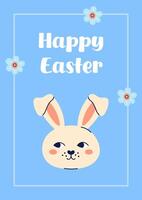 Happy Easter simple card with close up of a hare's head. Design with text on blue background. Happy Easter hand drawn card. Flat illustration with partial outline. illustration. vector
