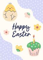 Happy Easter simple card with chicken, kulich and flower. Design with text on beige and purple background. Happy Easter hand drawn card. Flat illustration with partial outline. illustration. vector