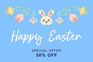 Happy Easter horizontal banner with bunny and flowers on blue background. Design with text for discount. Happy Easter hand drawn card. Flat illustration with partial outline. illustration. vector