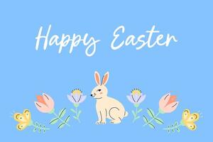 Happy Easter horizontal banner with bunny and flowers on blue background. Design with text. Happy Easter hand drawn card. Flat illustration with partial outline. illustration. vector