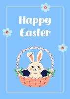 Happy Easter simple card with bunny in basket. Design with text on blue background. Happy Easter hand drawn card. Flat illustration with partial outline. illustration. vector
