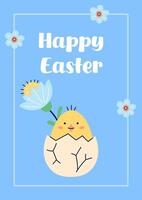 Happy Easter simple card with chicken and flower. Design with text on blue background. Happy Easter hand drawn card. Flat illustration with partial outline. illustration. vector