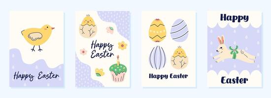 Happy Easter 4 cute cards collection. Design with text on beige and purple background. Happy Easter hand drawn card. Flat illustration with partial outline. illustration. vector