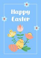 Happy Easter simple card with flowers and painted eggs. Design with text on blue background. Happy Easter hand drawn card. Flat illustration with partial outline. illustration. vector