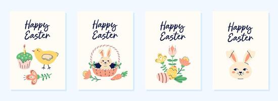 Happy Easter 4 cute cards collection. Design with text on light beige background. Happy Easter hand drawn card. Flat illustration with partial outline. illustration. vector