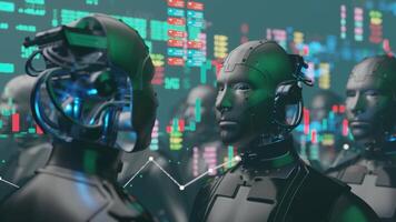 Humanoid robot, robotic technology sector in stock market and graph chart, 3d rendering video