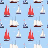 Summer seamless pattern with cartoon sailboats on blue Nautical repeat background with various ships in sea Marine endless design for print, fabric, textile, wrapping paper. Flat illustration vector
