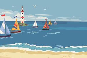 Sailing regatta with many various yachts and lighthouse. Horizontal banner with ocean view. Race sailboats or parade of ships concept Flat illustration, maritime background with copy space vector