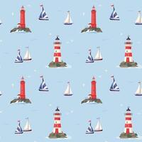 Marine seamless pattern with sailboats and lighthouses. Nautical navigation towers and ships in blue ocean summer repeat background Marine endless design for print, fabric, textile, wrapping paper vector