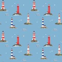 Summer lighthouses seamless pattern Cartoon nautical navigation towers with blue, red stripes and boats in sea repeat background Marine endless design for print, fabric, textile, wrapping paper vector