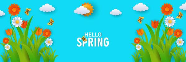 hello spring background with flowers and butterflies vector