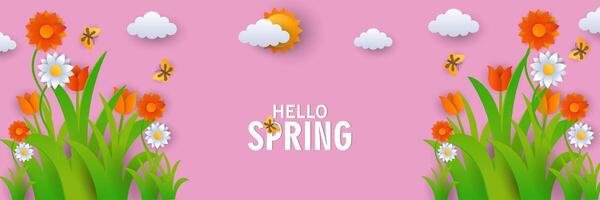 hello spring background with flowers and butterflies on pink background vector