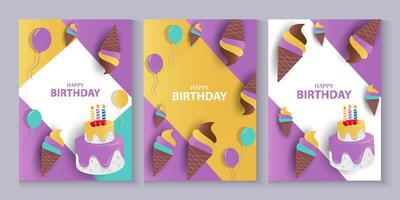 set of happy birthday banners with ice cream and cake vector