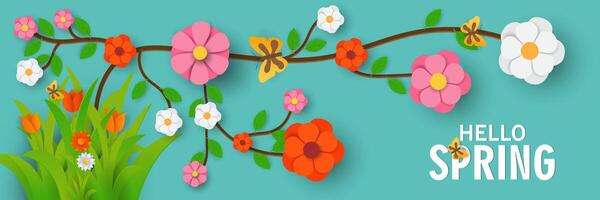 hello spring background with flowers and leaves illustration vector
