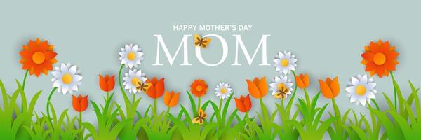 happy mother's day or spring banner background with flowers and butterflies vector