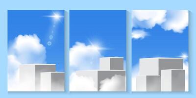 three vertical blue sky banners poster with clouds and sky and podium for product vector