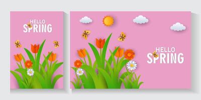 set of spring poster and banner with flowers and pink background vector