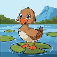 A cartoon duck standing on a lily pad in the water vector