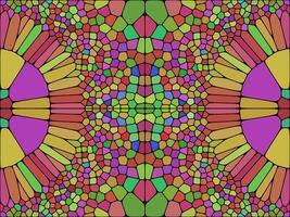 A vibrant, symmetrical mosaic pattern with irregular, colorful tiles in shades of green, yellow, pink, and red, resembling stained glass or a kaleidoscopic design. vector