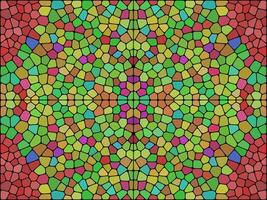 A symmetrical, colorful mosaic with irregular polygonal tiles in shades of green, red, yellow, and pink, resembling stained glass or a kaleidoscopic pattern. vector