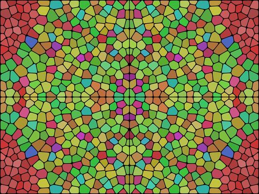 A symmetrical, colorful mosaic with irregular polygonal tiles in shades of green, red, yellow, and pink, resembling stained glass or a kaleidoscopic pattern.