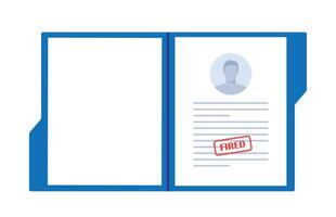 Open folder with Dismissal document, dismissed stamp. Getting fired. CV resume, personal data. Unemployment dismissal of workers. Layoff, crisis, employee job reduction. illustration. vector