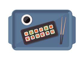 Meal tray with food for lunch, top view. Sushi with chopsticks and soy sauce. Sushi set. illustration. vector