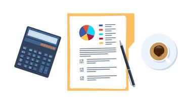 Open folder and documents, statistical data with charts, diagrams. Coffee and calculator. Workplace documents for financial statistics, reporting, strategy development. vector