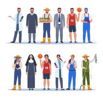 Jobs and professions set. Men ad women in uniforms, different occupation, work. Same man and woman characters in different occupations vector