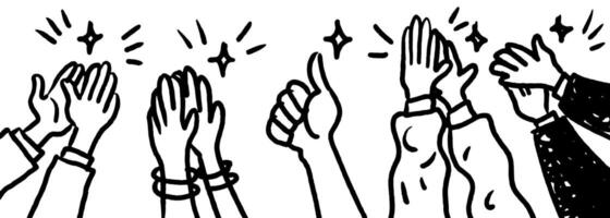 Doodle applause hands of people clapping or happy audience. vector