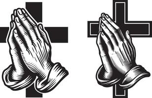praying hands with cross and cross illustration vector