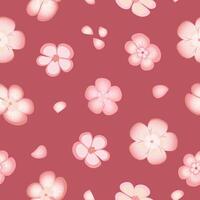 Spring seamless pattern with sakura flowers on red background. Pink flowers of Japanese cherry, or apple flowers. vector